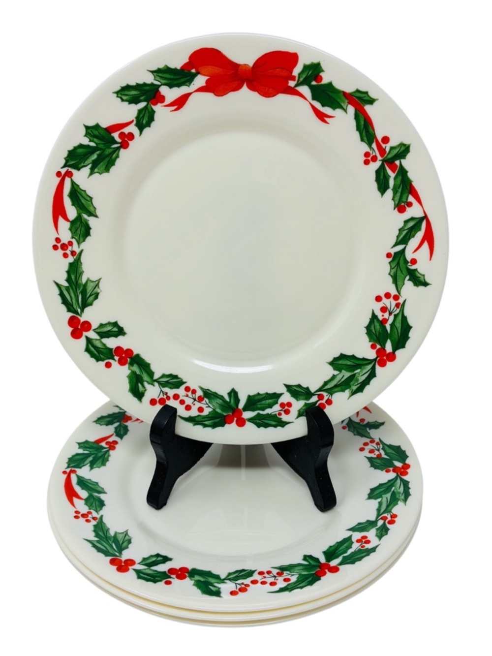Arcopal Opal Glass Holly Berry Christmas Ribbon 4 Salad Plates France Vintage